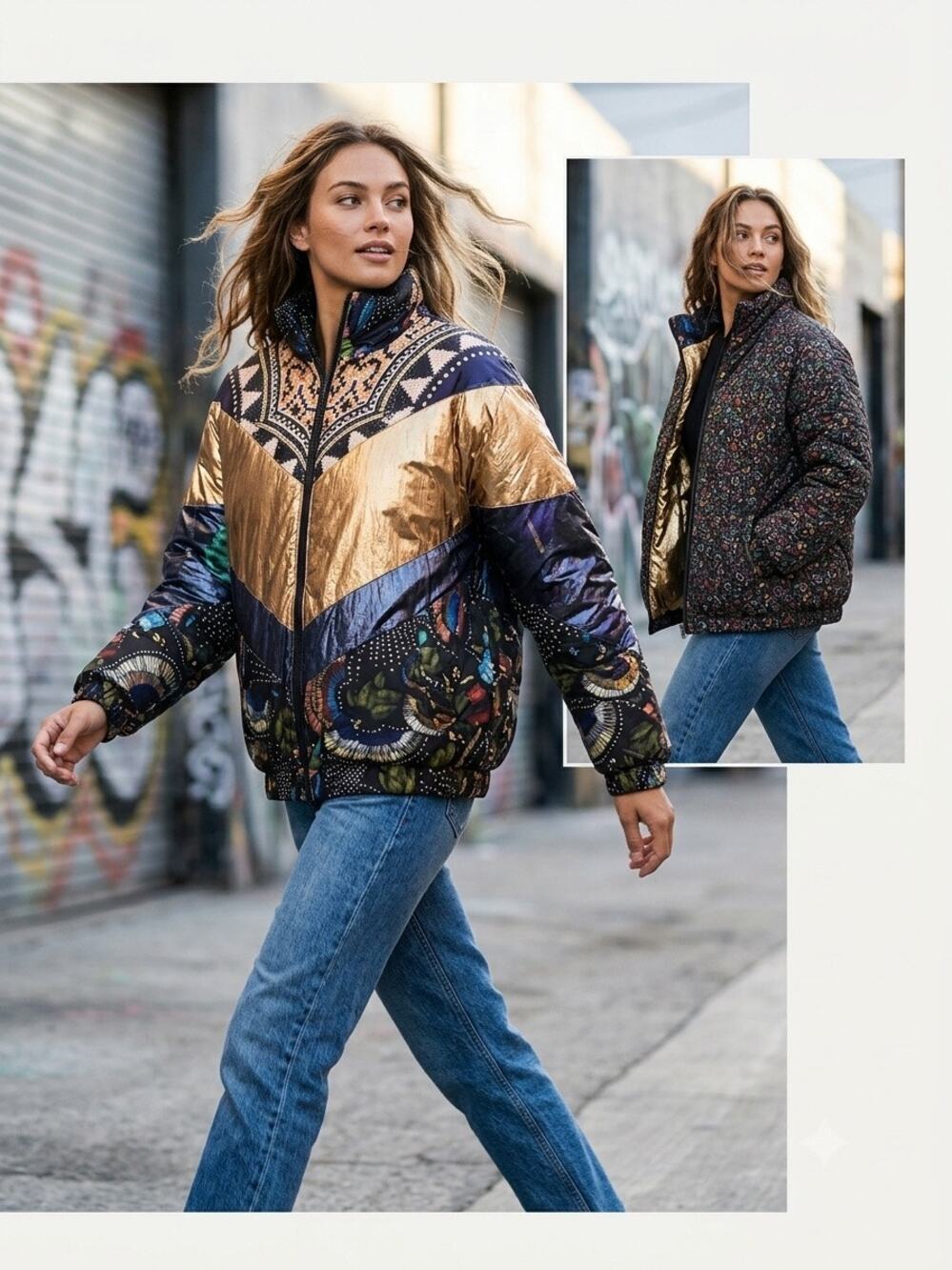 NWT Farm Rio Borogodo Reversible Metallic Gold Puffer Coat Small